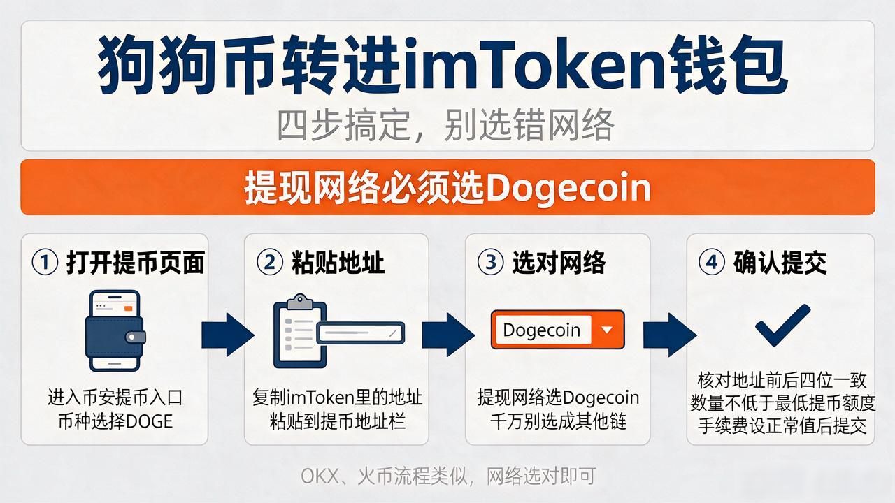 狗狗币想转进imtoken钱包？四步搞定，别选错网络